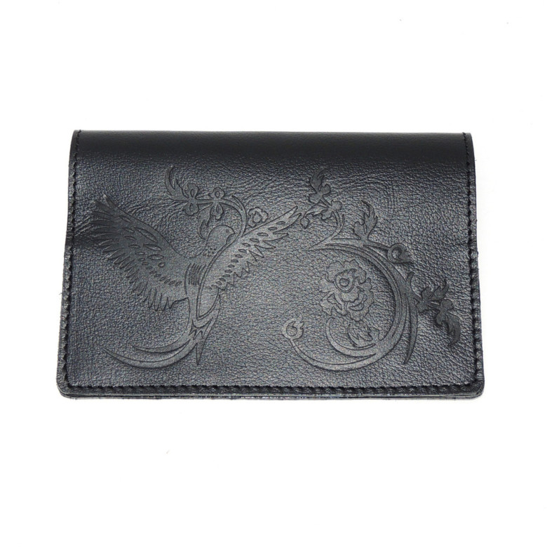 Обложка для паспорта черная кожаная ОП-71 Птица