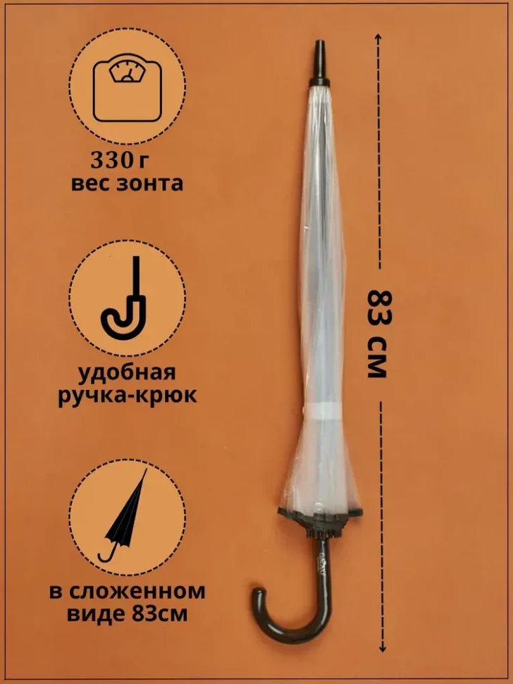 Зонт-трость прозрачный Raindrops 42800, чёрный кант, полуавтомат